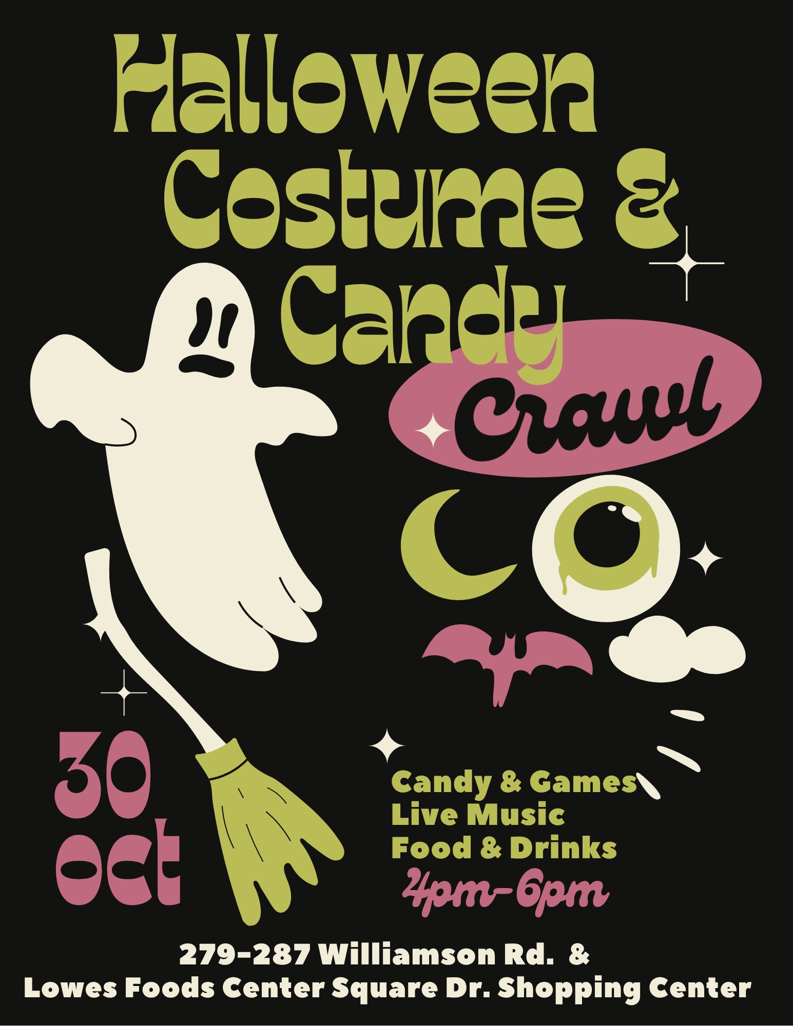 Halloween costume and candy crawl flyer featuring a ghost, bat, and candy details, promoting community event with live music, food, and games on October 30th from 4pm to 6pm at Lowes Foods Center.